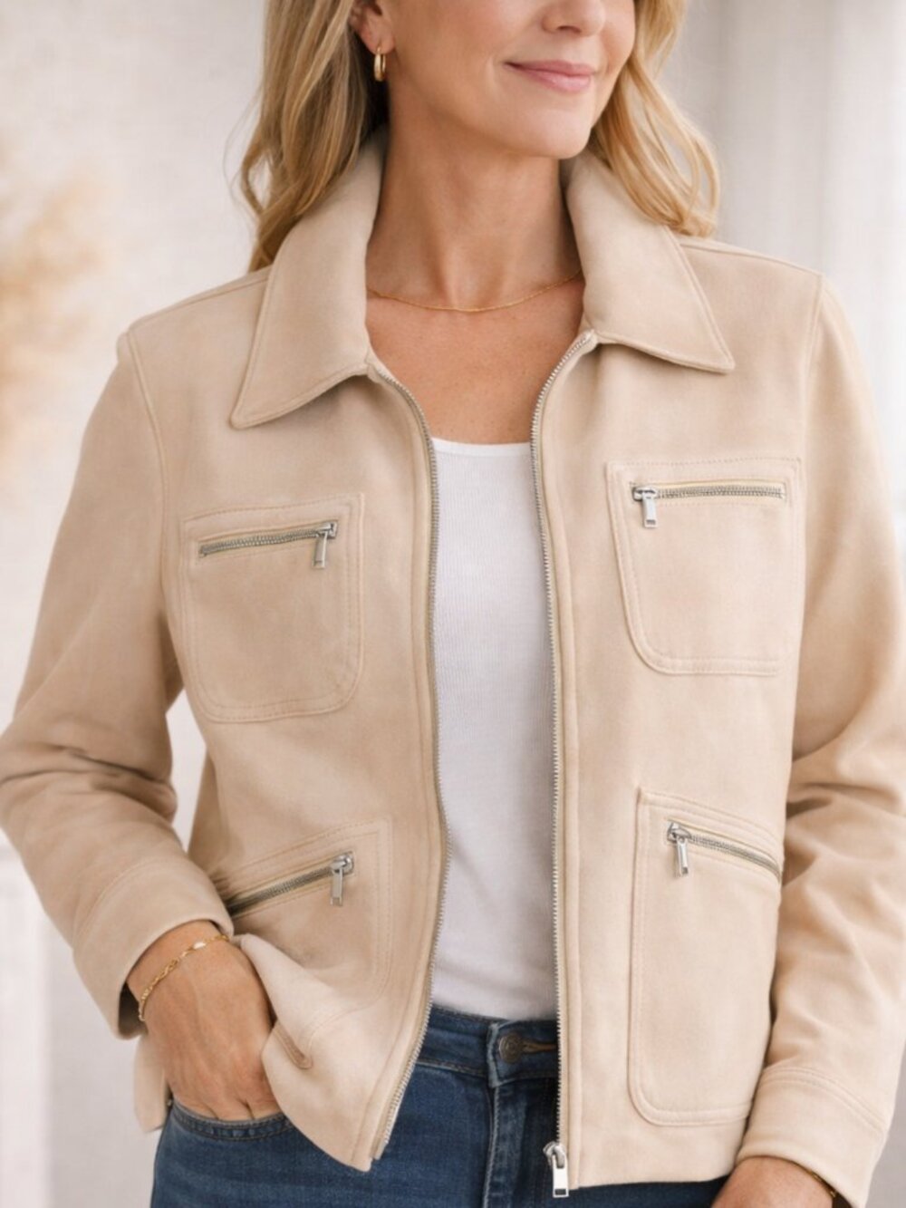 Vegan Suede Utility Jacket Almond Beige Zip Front Stretch XL Banana Republic